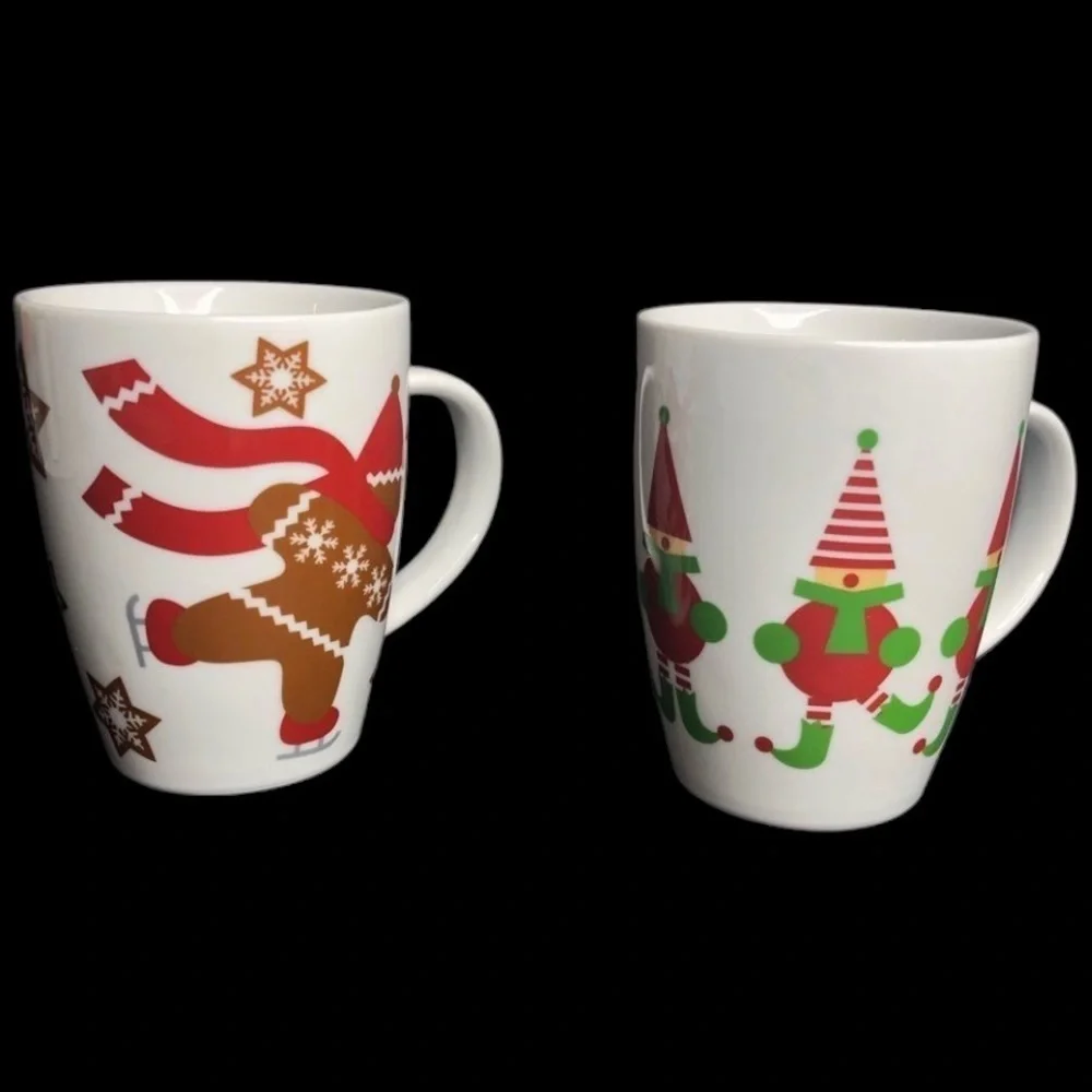 2 Crate & Barrel Skating Gingerbread Boy + Jingle Elves Christmas Mugs in EUC